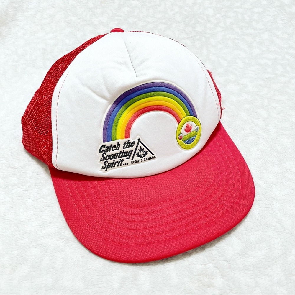 Vintage Snapback Cap 80s Red White Woven Rainbow Canada Scouts Hat Flat Brim